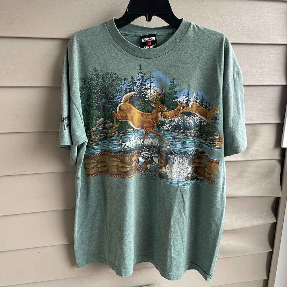 Vintage Signal Sport Deers Print T Shirt XL Nature USA‎ Single Stitch Green